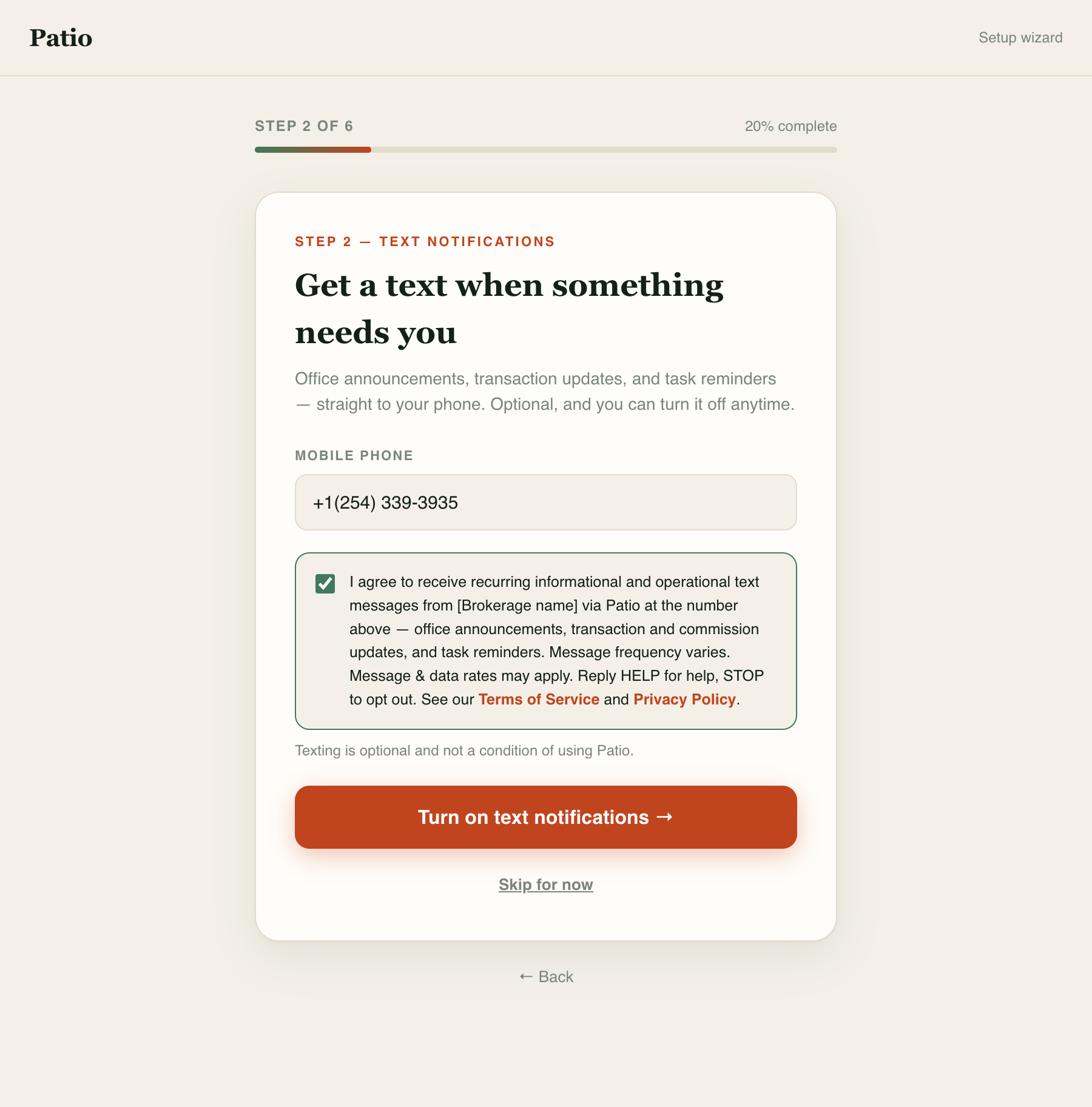 Patio onboarding — Text notifications consent step with the consent box checked by the user